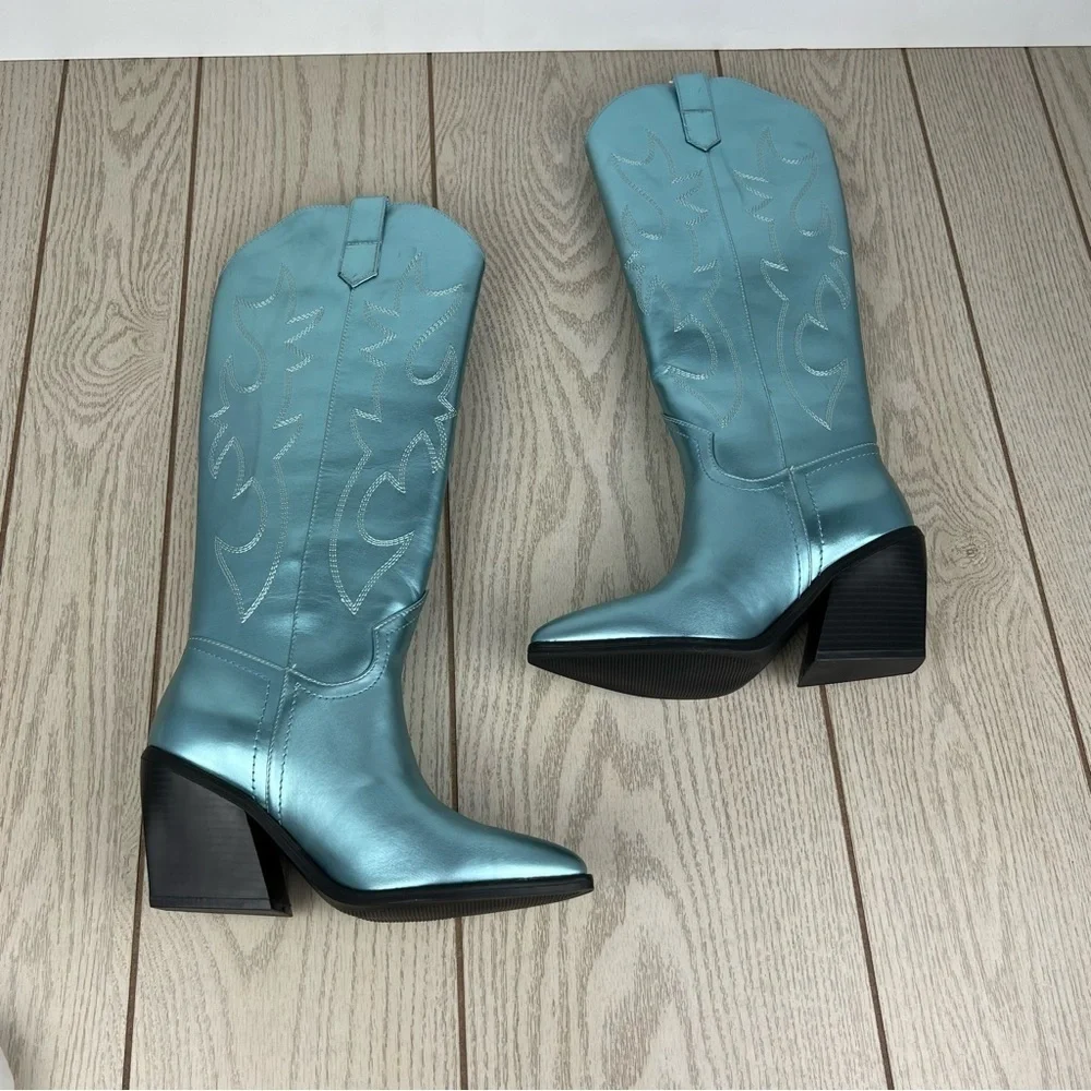 Madden Girl Arizona Knee High Cowboy Boots 7.5M Metallic Blue $99